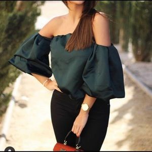Green Zara satin off the shoulder top